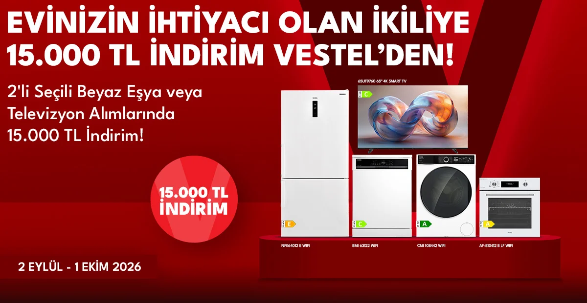 Seçili 2 li Beyaz Eşya veya Televizyon Alımlarında 15.000 TL İndirim!